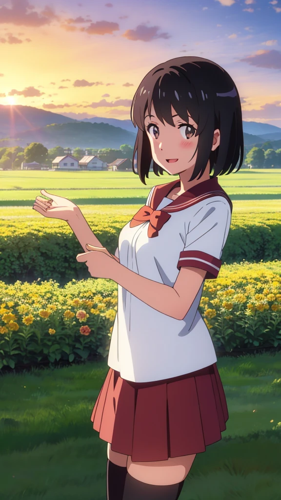 shinkai makoto, kimi no na wa., 1girl, bangs, black hair, blush, expressive eyes, brown eyes, perfect face, looking at the viewer, sailor uniform, red shirt, short sleeves, red skirt, black thighhighs, short hair, solo, outdoors, shinny skin, smile, cute, open mouth, cloudy, evening, sunset sky, flower field, cozy house, (masterpiece), best quality
