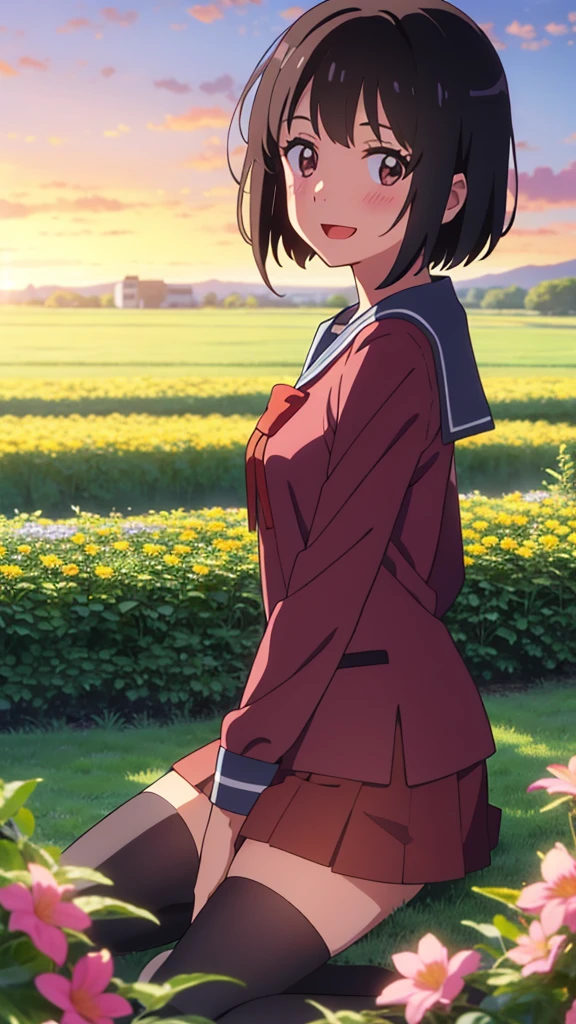 shinkai makoto, kimi no na wa., 1girl, bangs, black hair, blush, expressive eyes, brown eyes, perfect face, looking at the viewer, sailor uniform, red shirt, short sleeves, red skirt, black thighhighs, short hair, solo, outdoors, shinny skin, smile, cute, open mouth, cloudy, evening, sunset sky, flower field, cozy house, (masterpiece), best quality