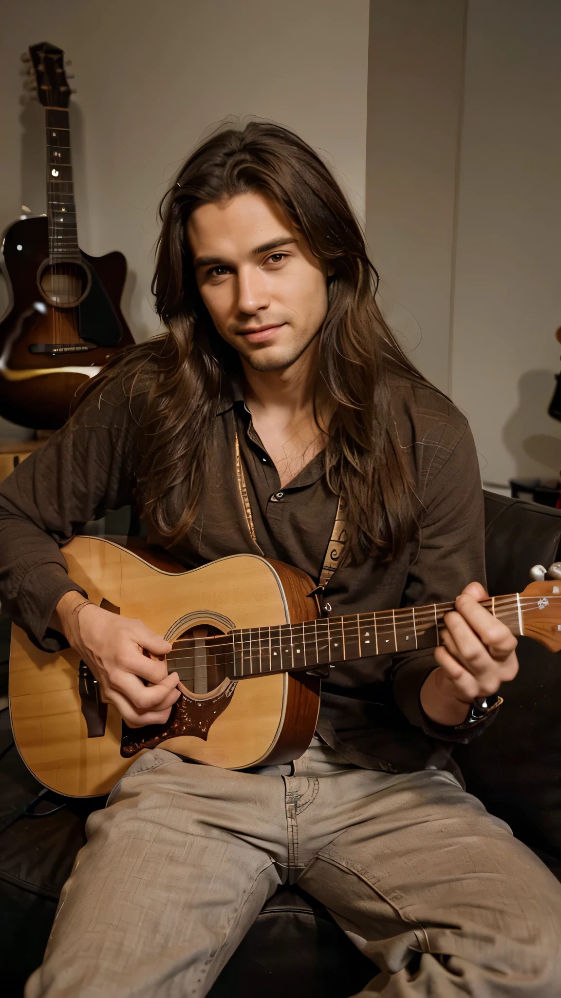 Handsome man with long brown hair sitting near the guitar, smirk