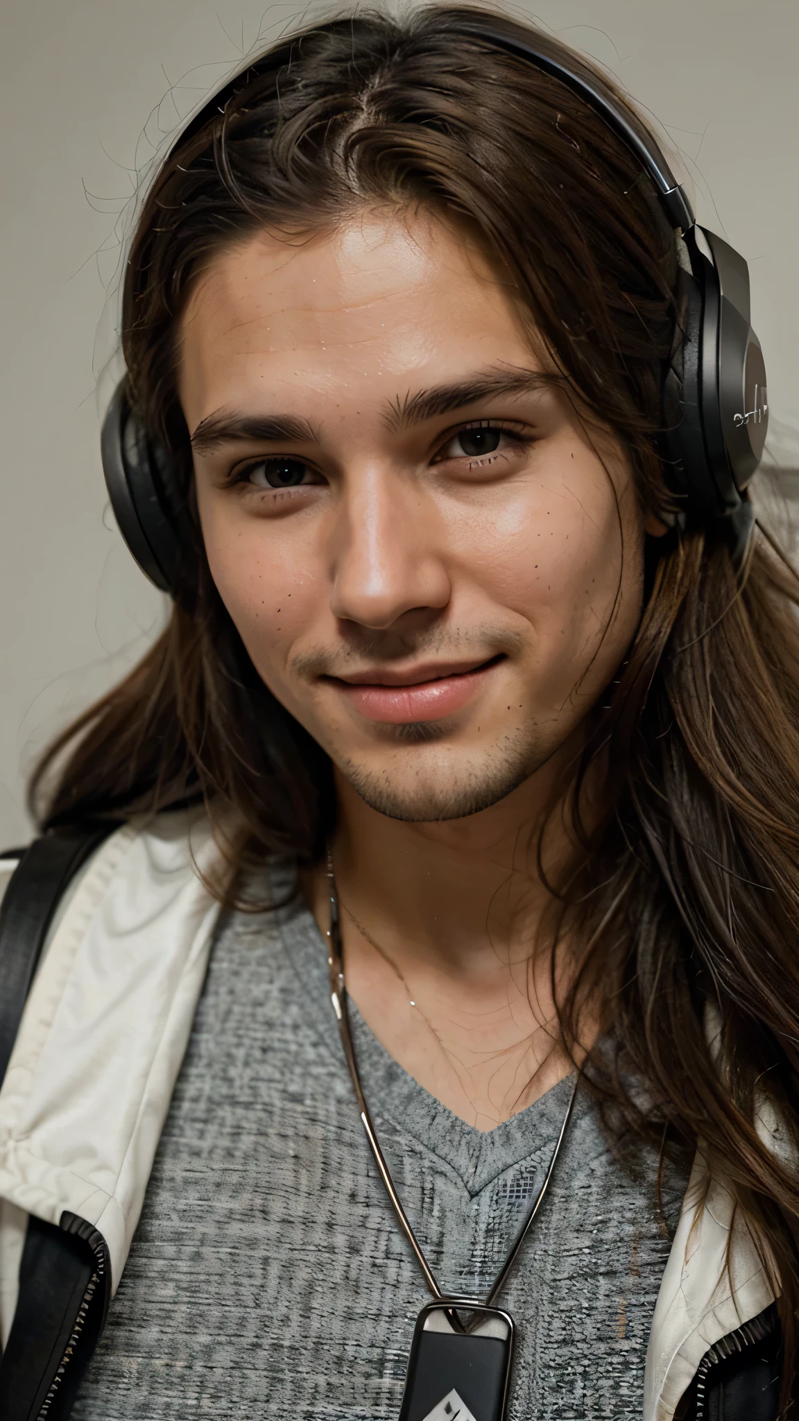 Handsome man with long brown hair listening music in the headphones, smile