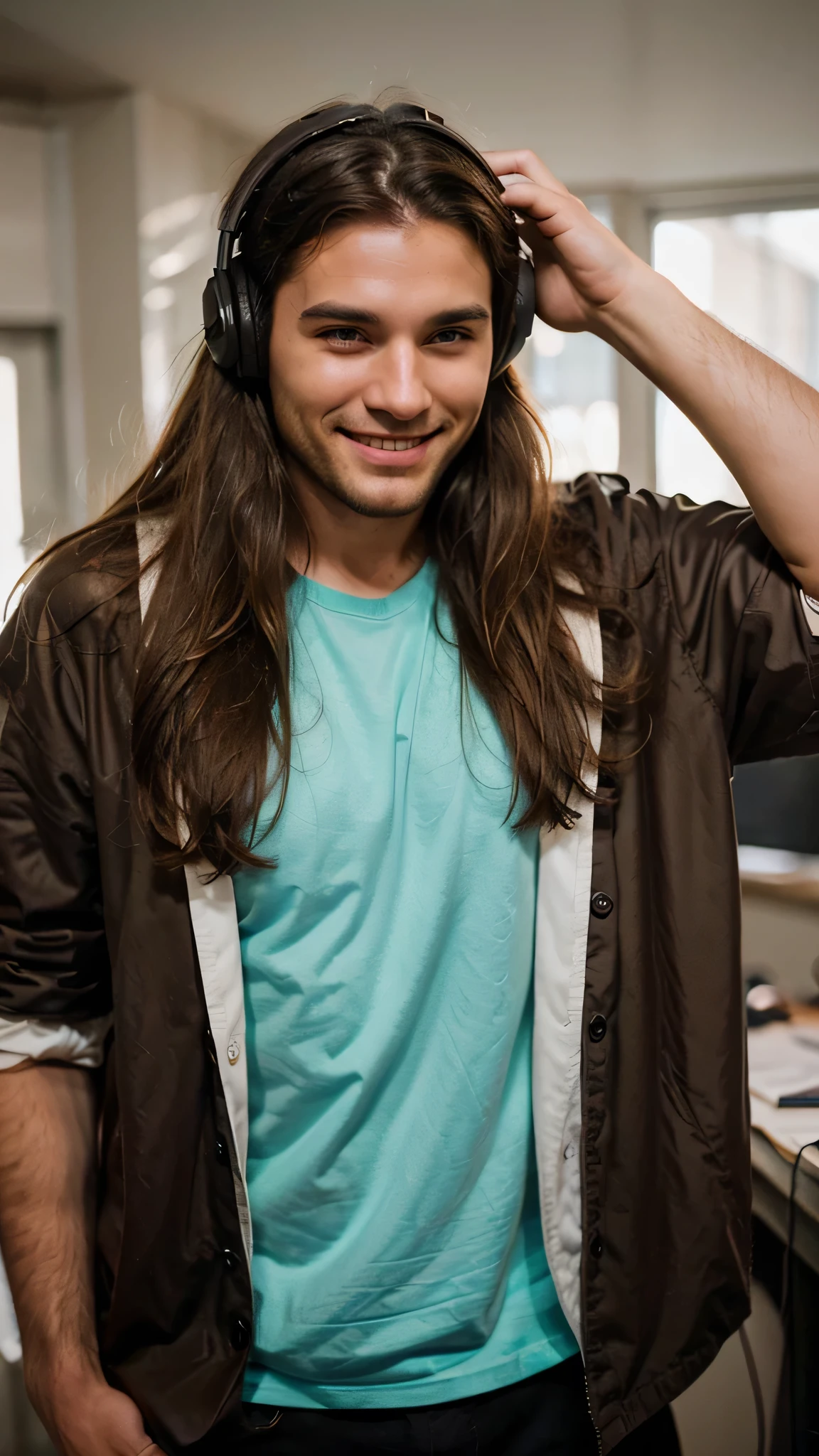 Handsome man with long brown hair listening music in the headphones, smile