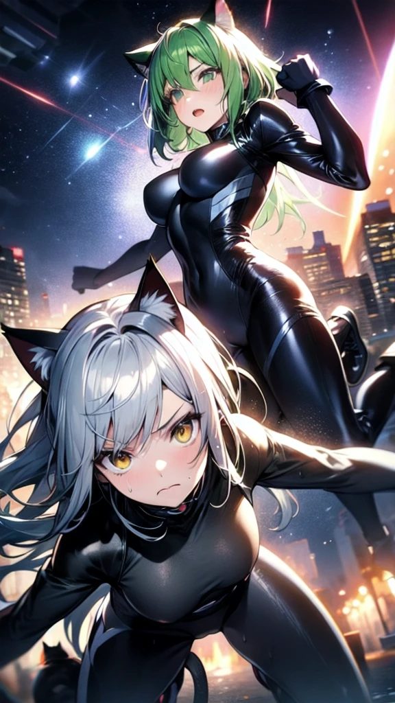 A silver-haired beautiful girl with cat ears eyes are green hair is silver and long clothes: a form-fitting black combat suit The fist is an afterimage The background is a city at night her is in a cat-like fighting pose The year is 14 years monitor, Dark Night, Sweat, Steam of Exhalation, Space, Battle, Dynamic Angle　one girl