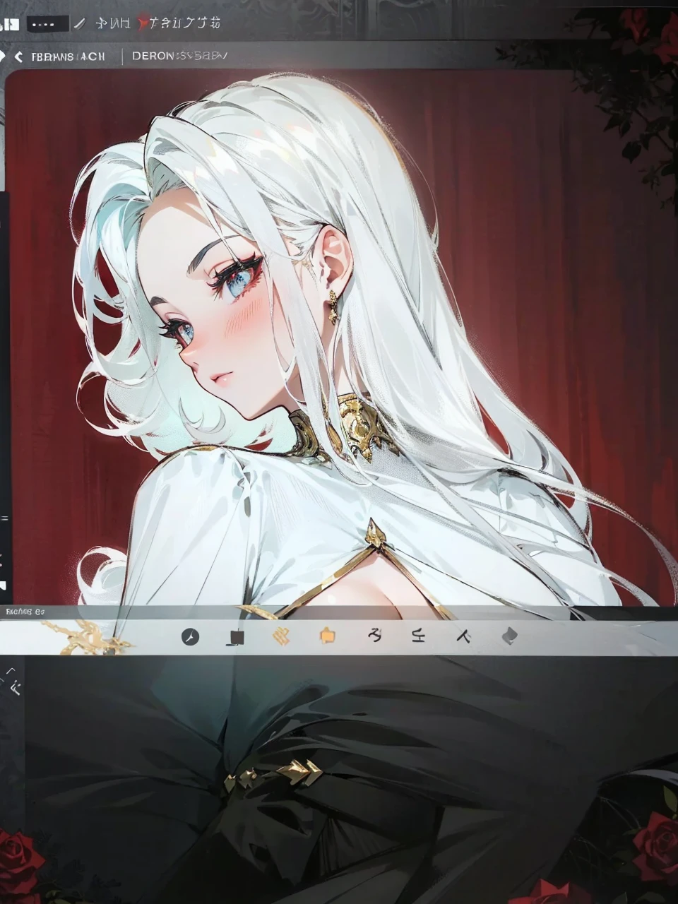 Add in roses to her dress, a good back dress design with some golden jewelry, make her dress into a red and white gown with a hat, give her some unique Jewelry, and make her look somewhat of a demonic angel like appearance to her