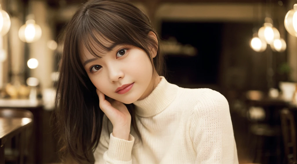 (masterpiece:1.5)、(Realistic:1.5)、(Highest quality:1.4、8k、RAW Photos）、 Ultra-high resolution、Professional Lighting、Perfect dynamic composition、Photo shoot at an antique and stylish cafe、 Film Grain、chromatic aberration、(Bokeh:1.1)、 Frank、Sophisticated、charm、超Realistic、Attention to detail、Golden Ratio、Anatomically correct、 (1 girl)、Slender girl、繊細でcharm女の子、Cute Woman:1.4、 Serious expression、Looking at the audience、Light brown hair、Shiny Hair、Hairstyle: Ponytail、 Realistic looking skin、 Shut your mouth.、Beautiful Eyes、double eyelid、Thin arms、(White high neck ribbed sweater)、Big  pushing up clothes。Beautiful breasts