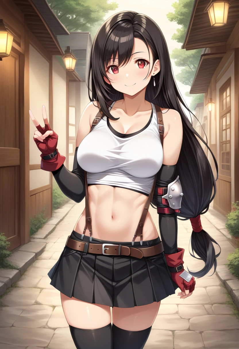 score_9, score_8_up, score_7_up, dynamicangle,breast focus,,(soro focus),contrapost pose,straight-on,,(close-up),selfie,upperbody,looking_at_viewer ,1girl, tifa lockhart, final fantasy,(beautiful woman). tareme,black hair, low-tied long hair, red eyes, bangs, white tank top,gap, belt, pleated skirt, thighhighs, elbow fingerless gloves, elbow pads, midriff, navel,(suspender), skirt.zettai ryouiki ,(large_breasts:1.2),(perky breasts),(light smile),slender_waist:1.2 ,Solo,,(daytime and outdoors),(masterpeace),(best quality),(aesthetic,very aesthetic),photorealistic,highly detailed,professional lighting,cinematic lighting,