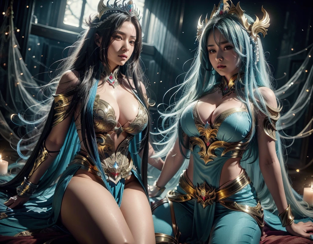 In a clear day forest, it has well shedding. A goddess with long white hair, golden crown with shiny magic crystal, wearing a blue costume Sorceress costume of paladin powers, futuristic
with fine gold accents, on a large tree lying in front of me. Details:1.2) 4K ultra-HD, digital SLR, soft lighting, high quality,