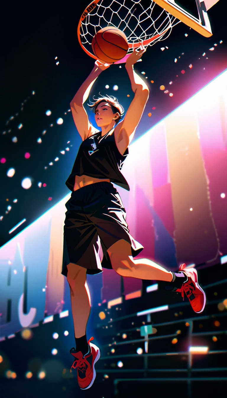 Realistic photography, full body shot, low angle shot, side view shot, game-winning one handed dunk, huge slum dunk, rear to basket with ball in hands over heads, winning points, long and high flight, suspended in the air,  full body shot, 8k, film grain, bokeh, shallow depth of field, cinematic hollywood film style 