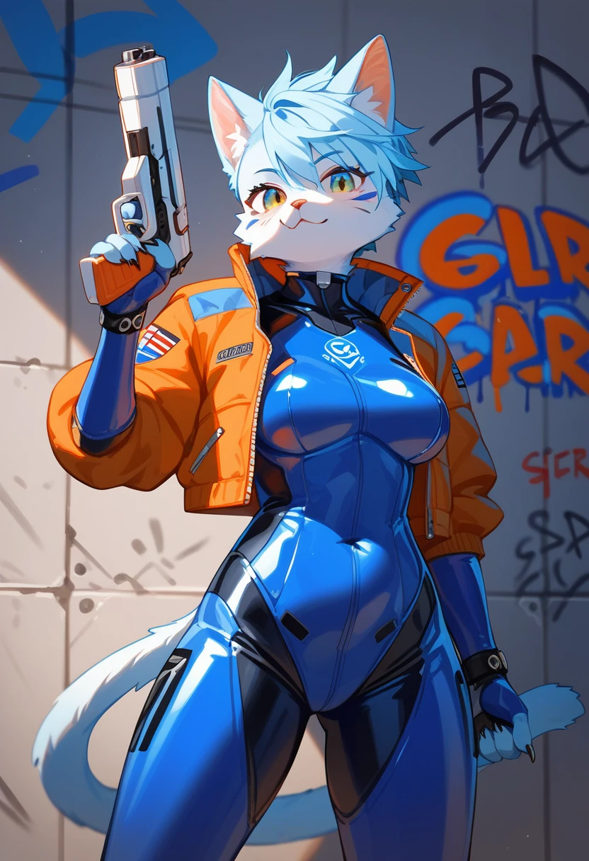 animation, Highest quality, Highest quality, High quality illustrations, masterpiece, Ultra-high resolution, Detailed Background, cyber cafe, Graffiti art on the wall, Absurd, Perfect Anatomy, performance, Good lighting, Shadows in the movies(kemono, Furry PersonifiCation), Cat, Blueskin, blue rubber suit, latex, neon, neonライト, neonカラー, Bodysuits, Cyber Suit, Mech Suit, Rubber Half Jacket, cyber punk, Holding a gun