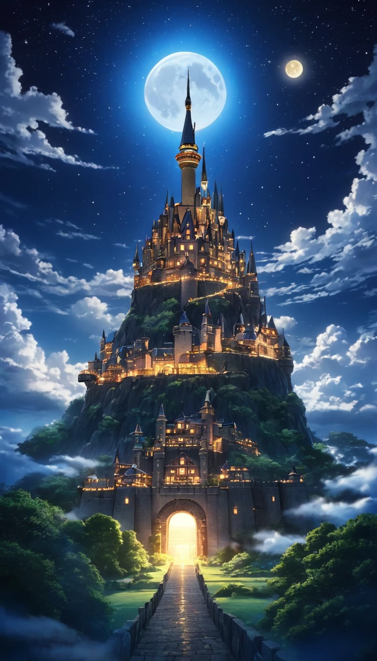 (Precise and detailed photography in 4K. Digital Beast-style photography: 1.5) A realistic depiction of Ghibli's Laputa: Castle in the Sky, with the night background, the moon out, clouds passing by, and many shining stars.