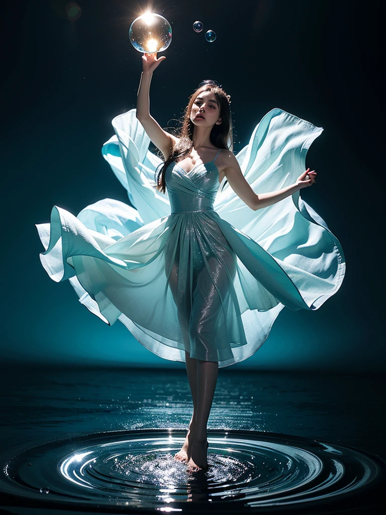 Young woman wearing a dress entirely made of transparent flowing water. Fluid, cascading gown with dynamic water movement. Large soap bubble-like spheres incorporated into the water fabric, creating a mesmerizing blend of flowing liquid and delicate bubble structures. Dynamic poses, dancing, Shimmering, iridescent water surface with rainbow reflections on bubble areas. Water drops of various sizes forming the dress's texture. High-detail photography, fantasy concept art style. Simple plain light blue background. Flowing water in space.
