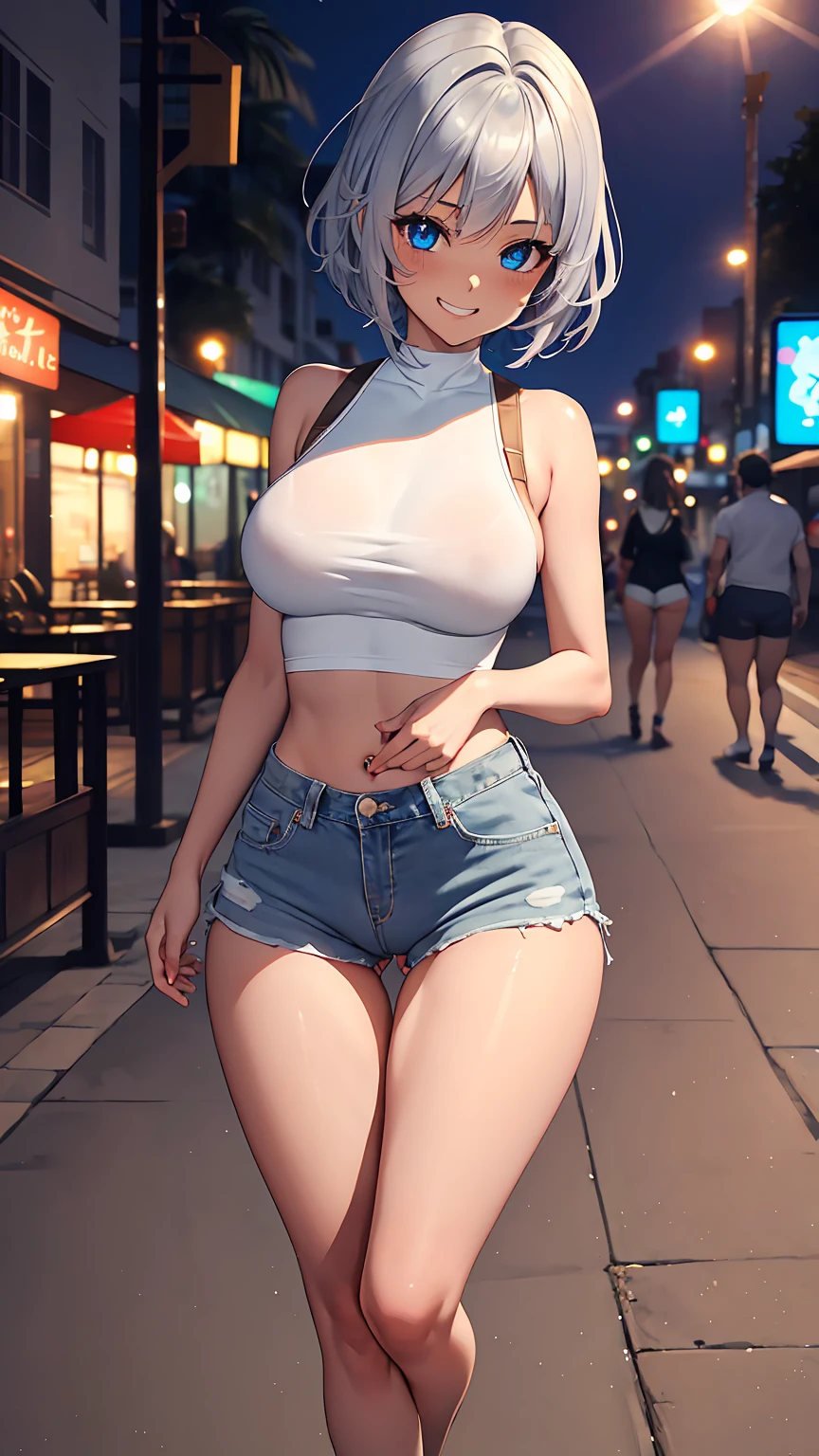 1girl, anime girl, anime, (dark skin), 2d girl, 16y, (fullbody), standing, anime girl, blue eyes, seductive grin, (silver hair), shirt, Solo, Slim, large breasts, big , big Breasts, Tight Shorts, low waist shorts, upshorts, The night beach background, city lights, looking at viewer, darker shadows, (((explicit))), (((shorts))), (((absurdres))), (((thigh gap))), (((cameltoe))), (((cleft of venus))), (((lowleg shorts))), (((innie pussy))), (((inniepussy))), (((innie_pussy)))