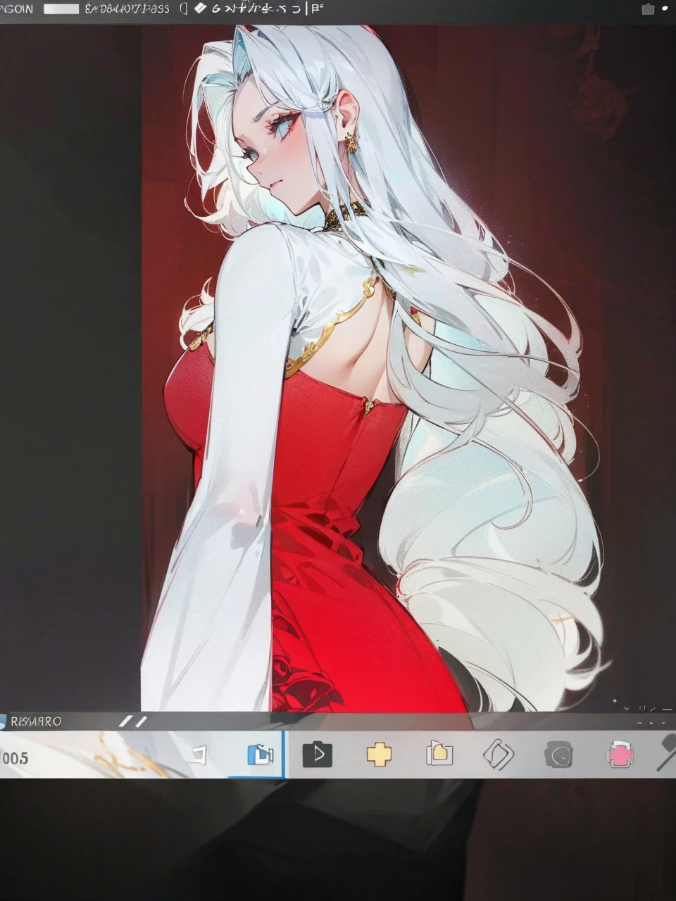 Add in roses to her dress, a good back dress design with some golden jewelry, make her dress into a red and white gown with a hat, give her some unique Jewelry, and make her look somewhat of a demonic angel like appearance to her