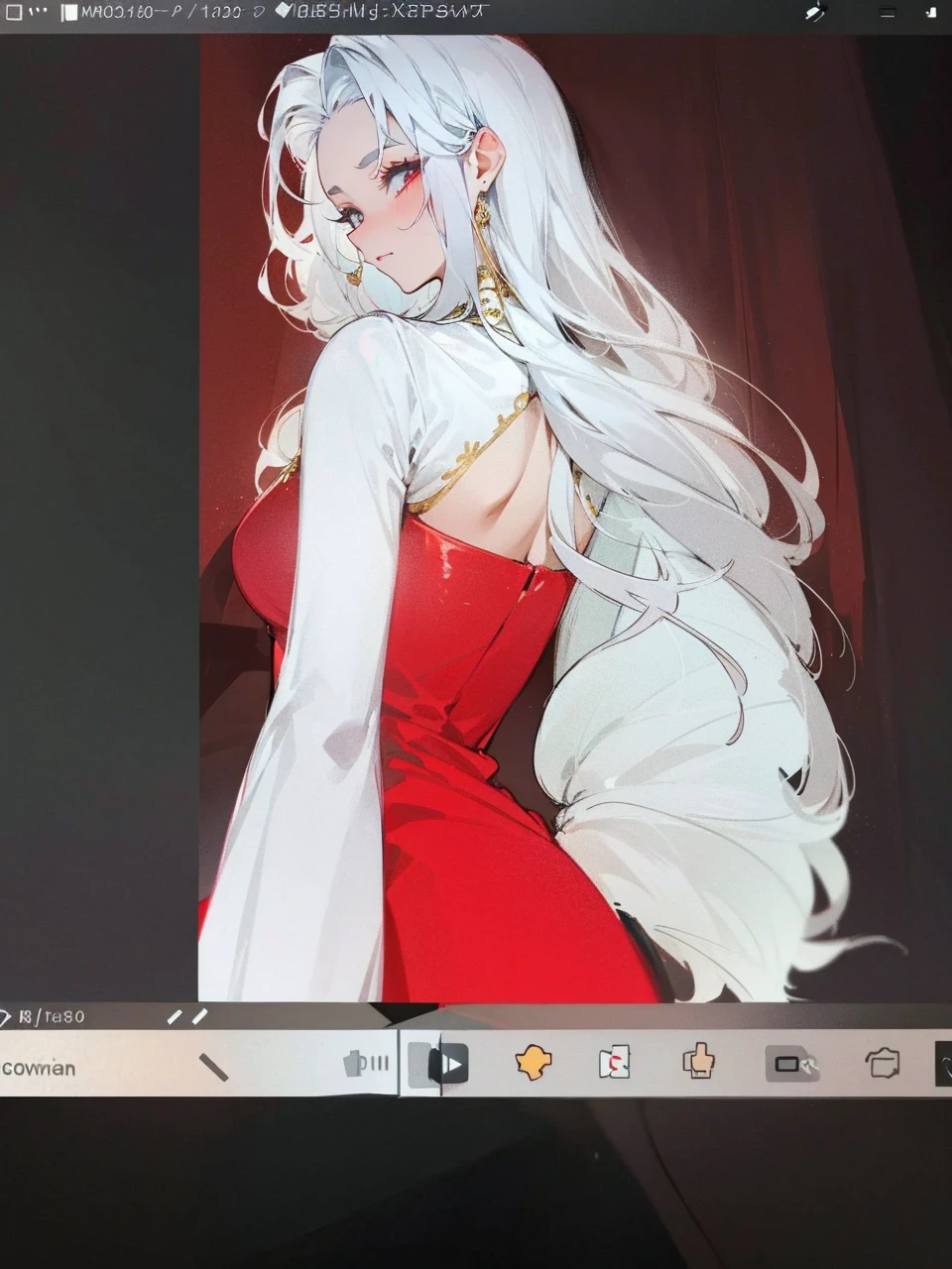 Add in roses to her dress, a good back dress design with some golden jewelry, make her dress into a red and white gown with a hat, give her some unique Jewelry, and make her look somewhat of a demonic angel like appearance to her