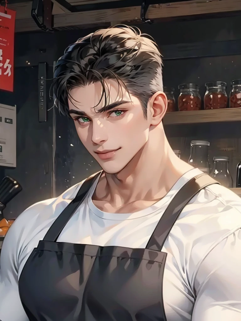 men wear dark gray shining apron over white T-shirt, muscular and handsome,naughty,smile,green eyes,fish market,smile