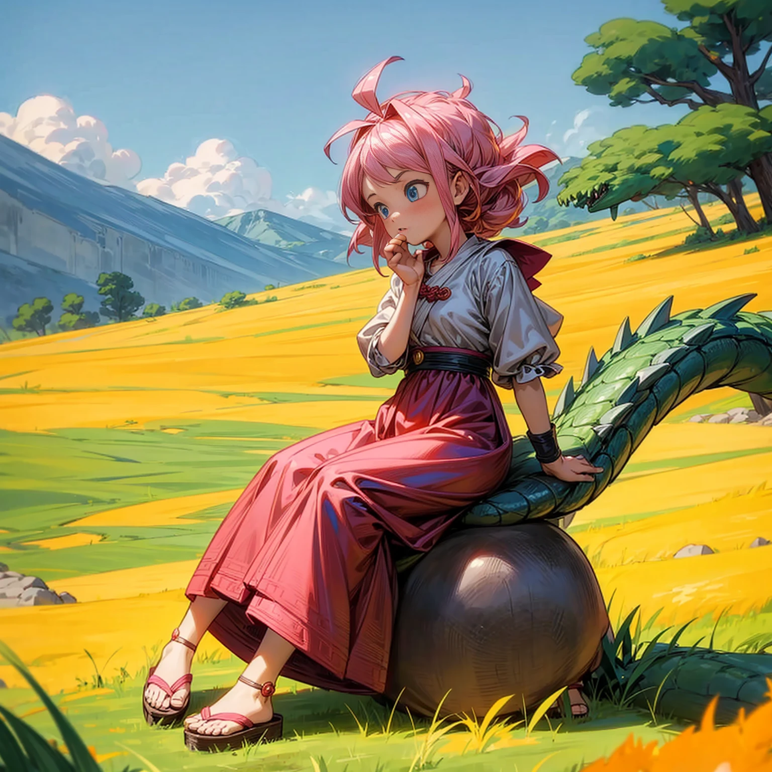 1childern girl, Full body version, 1character, children girl version, blue eyes, long Curly haircut, pink colour hair, Ancient Roman clothing, red colour clothing, sandals, Grassroots, background in field town, motion blur, Lie down gesture, (dragon ball style art)