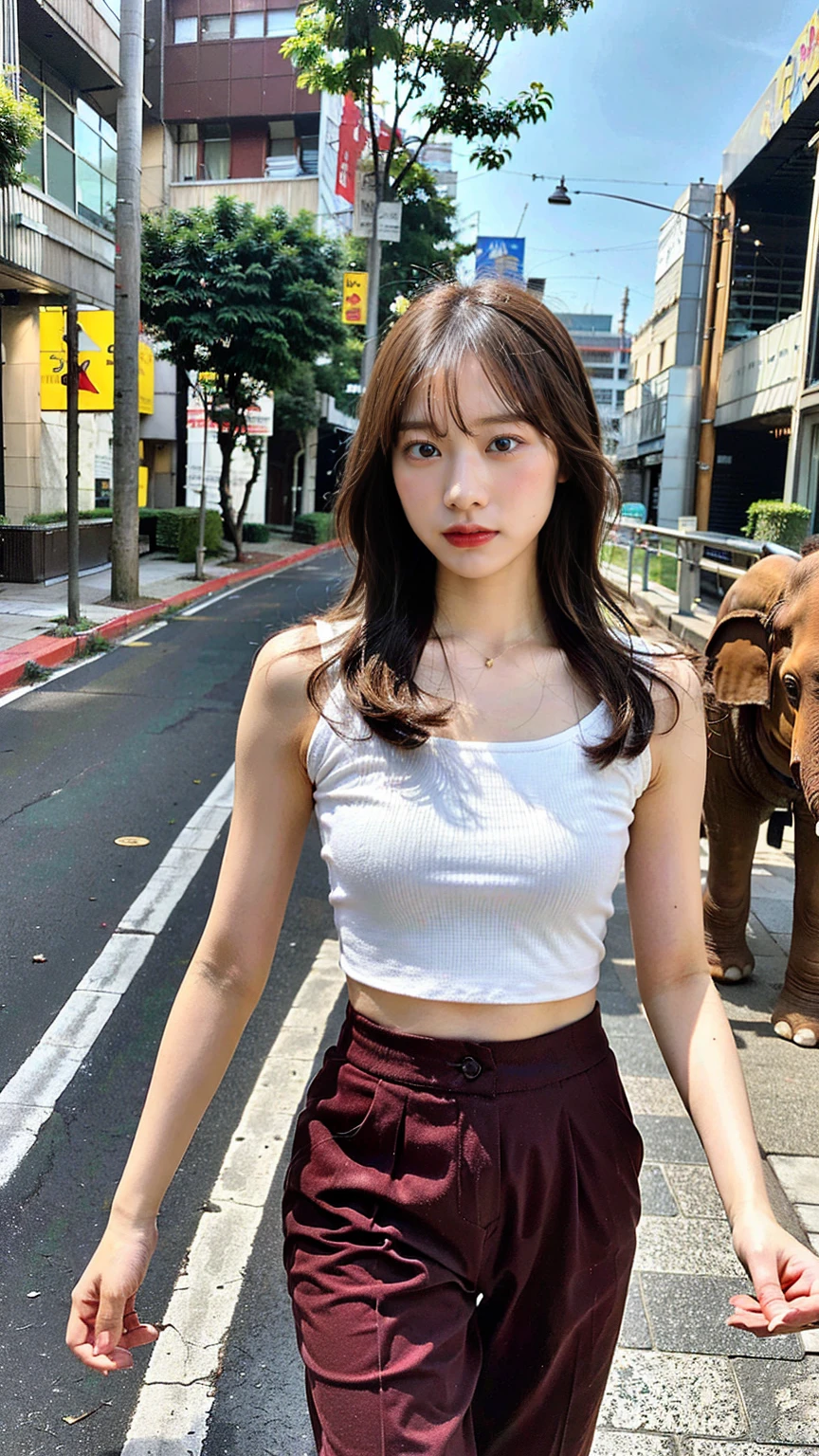 (Highest quality:1.4), (Ultra-high resolution:1.2), (Realistic:1.4), (8k, RAW Photos:1.2),(Medium Shot  :1.4), (Brown eyes), Girl Walking On The Road, wear ( Red Thai Elephant ThaRempants:1.3),(White top:1.2), (Nice shoes),(Natural light),(Rim Light)