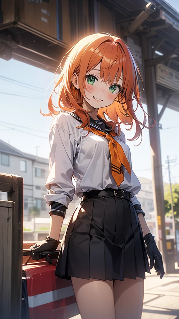 (top quality、Additional penalty、authentic)、1 anime high school girl、、naked、orange hair、label、side tail、green eyes、from the outside、gloves、Bright smile、I&#39;m standing in front of a street tree、upper body close up、blue sky、sharp outline, pussy, naked