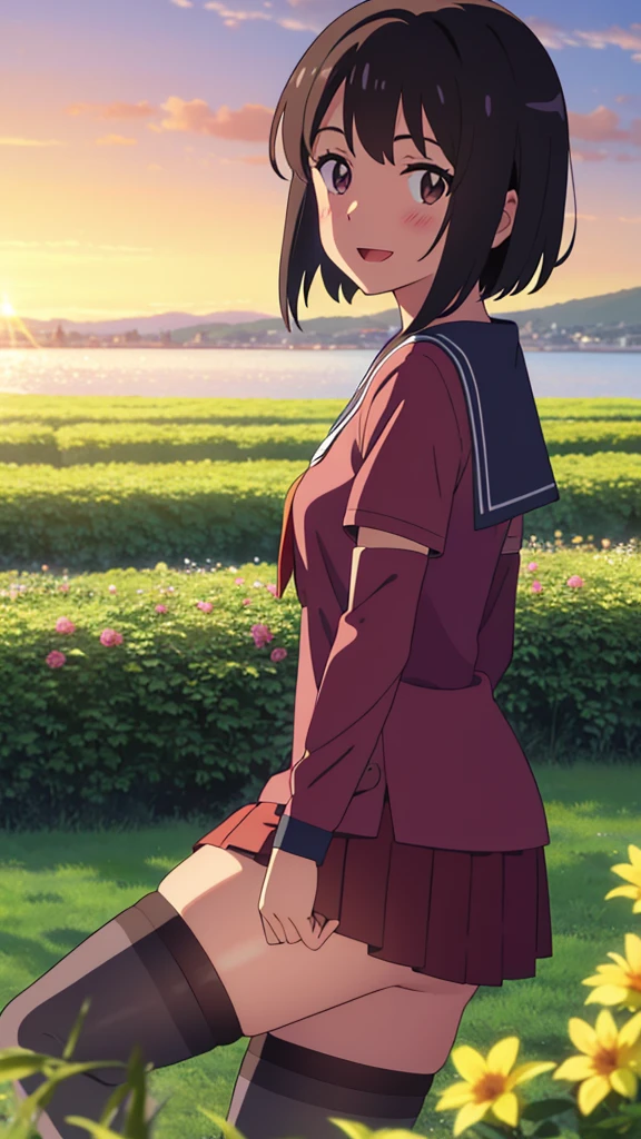 shinkai makoto, kimi no na wa., 1girl, bangs, black hair, blush, expressive eyes, brown eyes, perfect face, looking at the viewer, sailor uniform, red shirt, short sleeves, red skirt, black thighhighs, short hair, solo, outdoors, shinny skin, smile, cute, open mouth, cloudy, evening, sunset sky, flower field, cozy house, (masterpiece), best quality