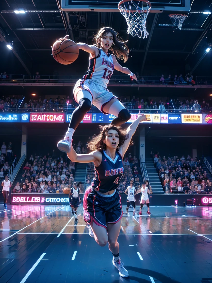 top quality, future world, State-of-the-art robot, Beautiful Woman flying hair, Transformed into a cyborg except for the face, sexy images, whole body photo, ((basketball match, dunk, woman jump high in the air and she push the basketball into the basket))