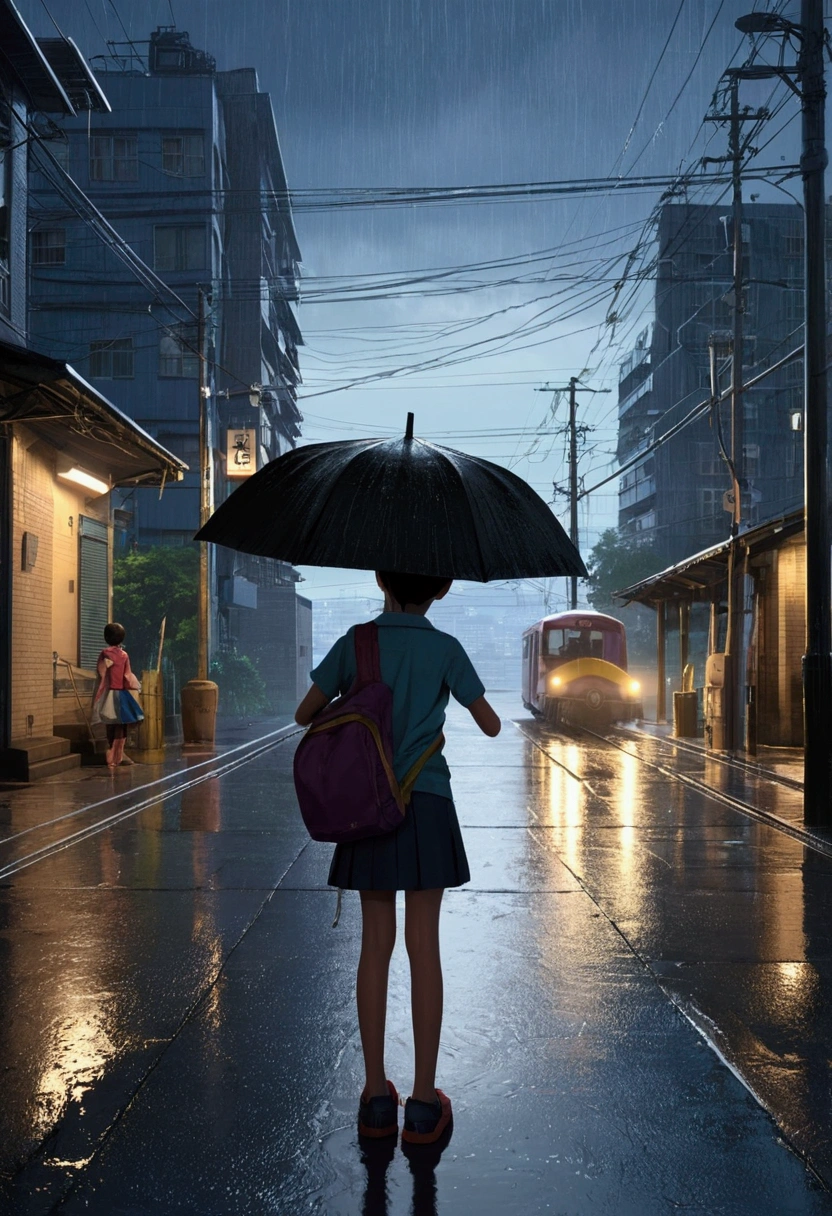 A street corner where the rain is drizzling. Under a dim evening sky, wet asphalt reflects the light, a girl in  on her way home from school, standing in front of the station without an umbrella, her hair wet from the rain, drips running down her cheeks, but she is smiling innocently, a boy comes to pick her up, rushes over and holds his umbrella over her, in the background are Makoto Shinkai's The detailed buildings, streetlights, and the silhouette of a train in the distance, as seen in his works.