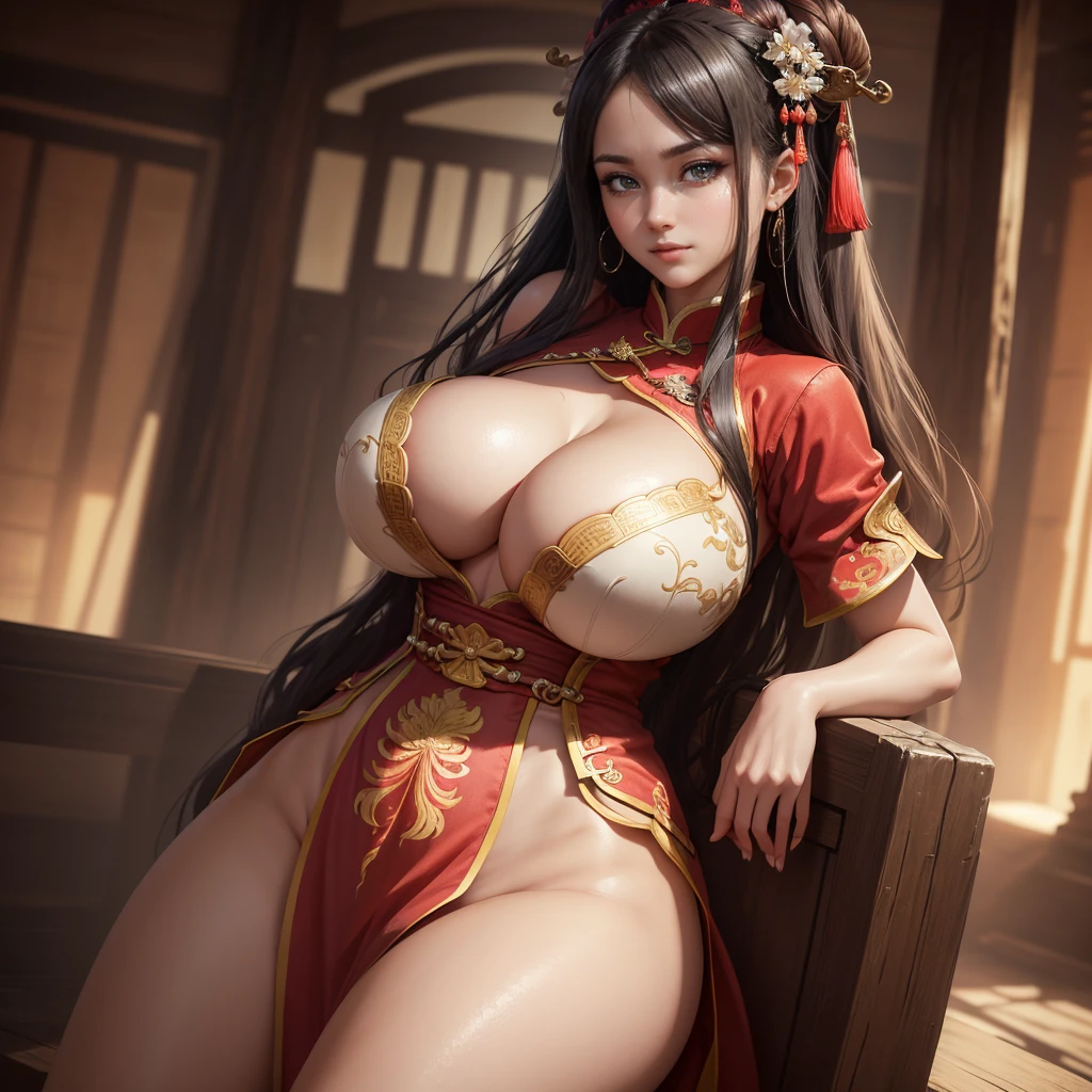 Highly detailed CG unit 8k wallpaper, masterpiece, High resolution, highest quality, highest quality real texture skin, Super Real, Digital Painting, Best image quality, 最High resolution, 8k, Very beautiful , ((Highly detailed eyes and face)), Beautiful eyes every detail, Full Body Shot, Crouching posture, Accentuate your chest, chinese style embroidery, china dress, slit, Thighs, ((disproportionate breasts,reasts, saggints, Cleavage, gigreasts, Sasts, Gravity-depeneasts, long chevy chest, erect nipple)), srin, ((Diao Chan, Three Kingdoms)) Breaswd, Prostitute,