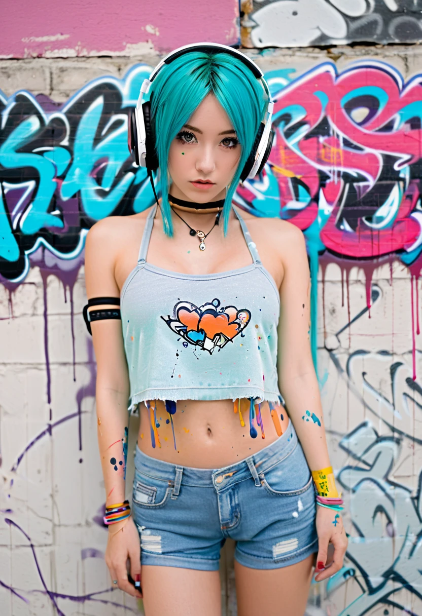 Masterpiece, Best quality, 1girl, solo, crop top, denim shorts, choker, (graffiti:1.5), paint splatter, arms behind back, against wall, looking at viewer, armband, thigh strap, paint on body, head tilt, bored, multicolored hair, aqua eyes, headset
