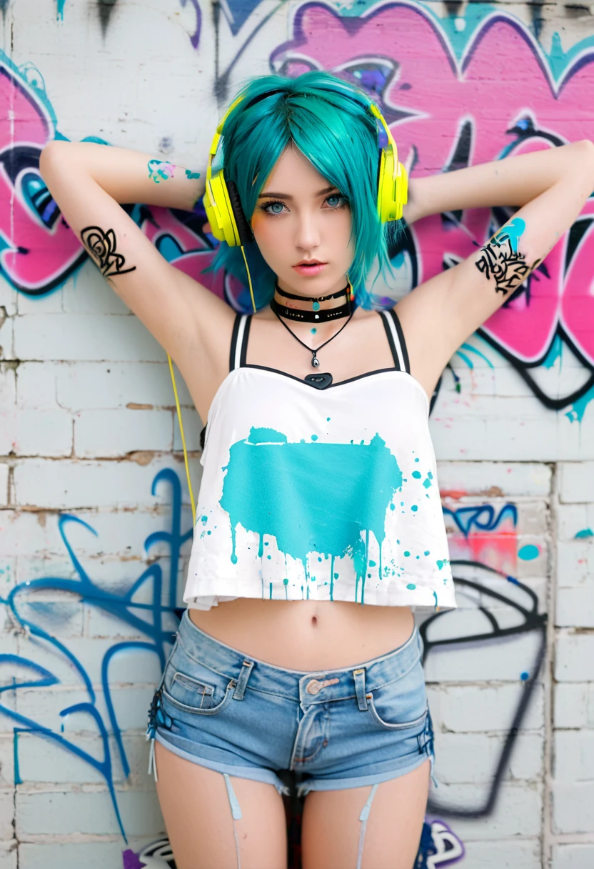 Masterpiece, Best quality, 1girl, solo, crop top, denim shorts, choker, (graffiti:1.5), paint splatter,  arms behind back, against wall, looking at viewer, armband, thigh strap, paint on body, head tilt, bored, multicolored hair, aqua eyes, headset
