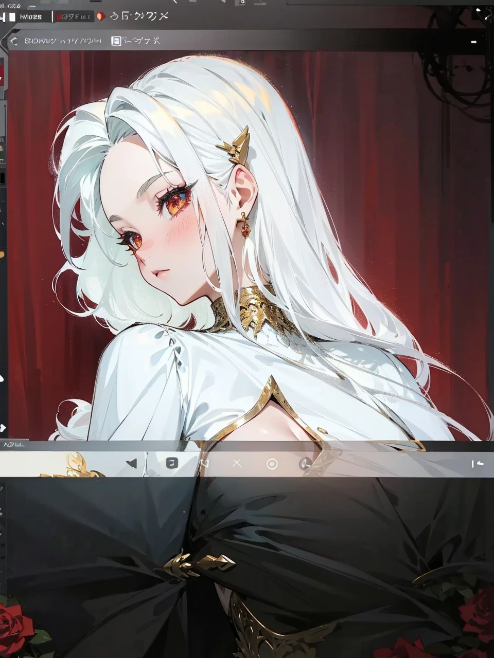 Add in roses to her dress, a good back dress design with some golden jewelry, make her dress into a red and white gown with a hat, give her some unique Jewelry, and make her look somewhat of a demonic angel like appearance to her
