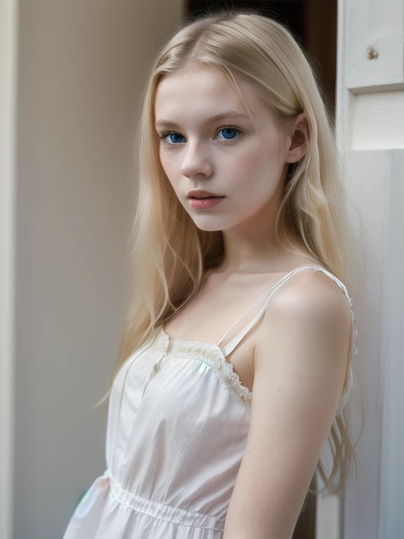 woman, young, blonde, pale skin, dress