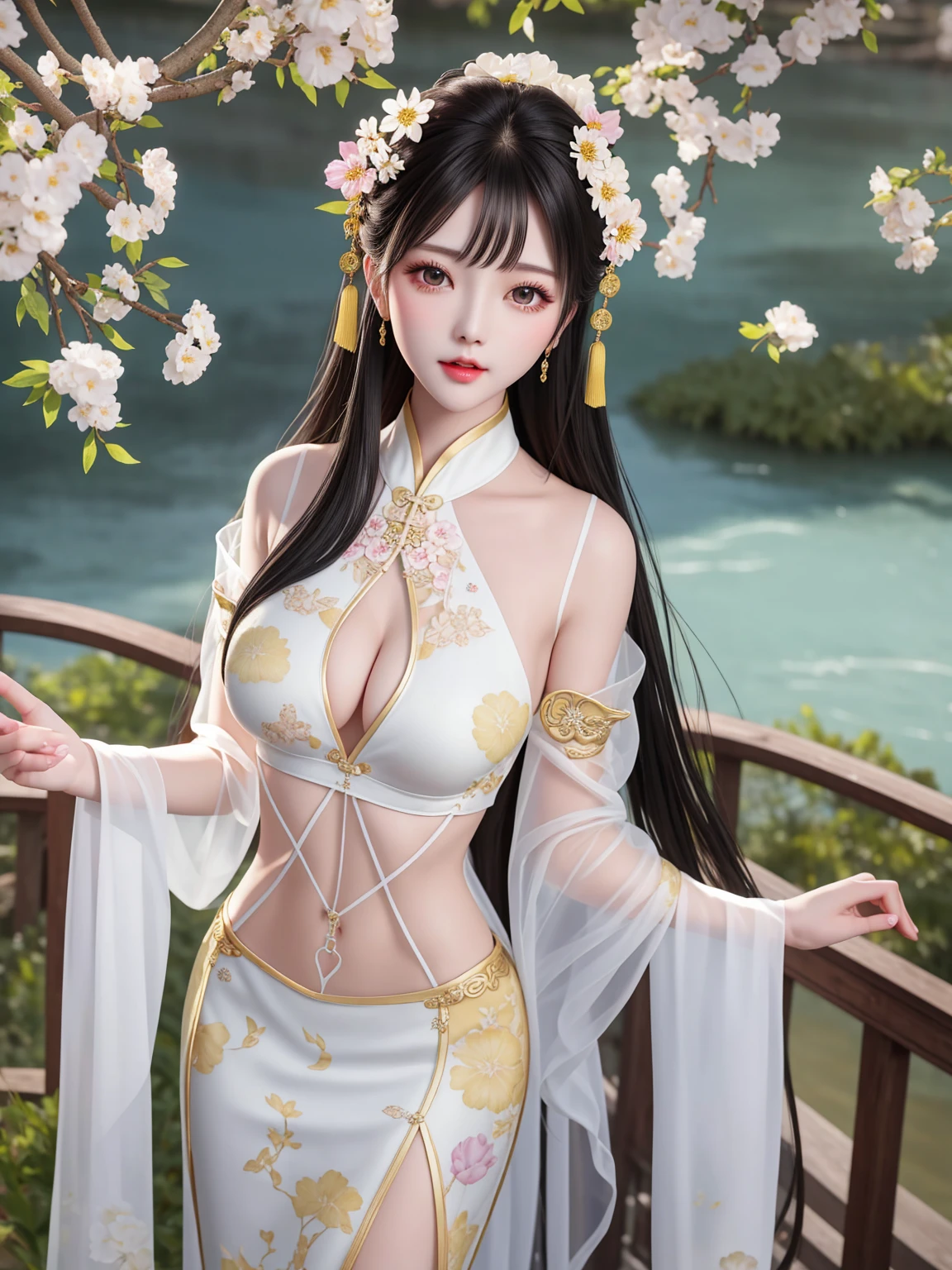 Top quality, masterpiece, high resolution, Chinese,,,,,,,On the banks of the river,,,,,,,,On the banks of the river,,,,,,,,,,,,naked,,stand erect,,,,,2girl,,,,,,2girl, charming appearance and personality, big body, extremely sexy, ,,,,Floral print ,, ,Floral print,, Light yellow floral fragments,,(transparent ), large hollow see-through, beautiful and delicate face, (desire figure) perfect slim figure (nipple slip: 0.5), perfect white skin,stand erect,,Smooth black long hair,,,,Black Hair