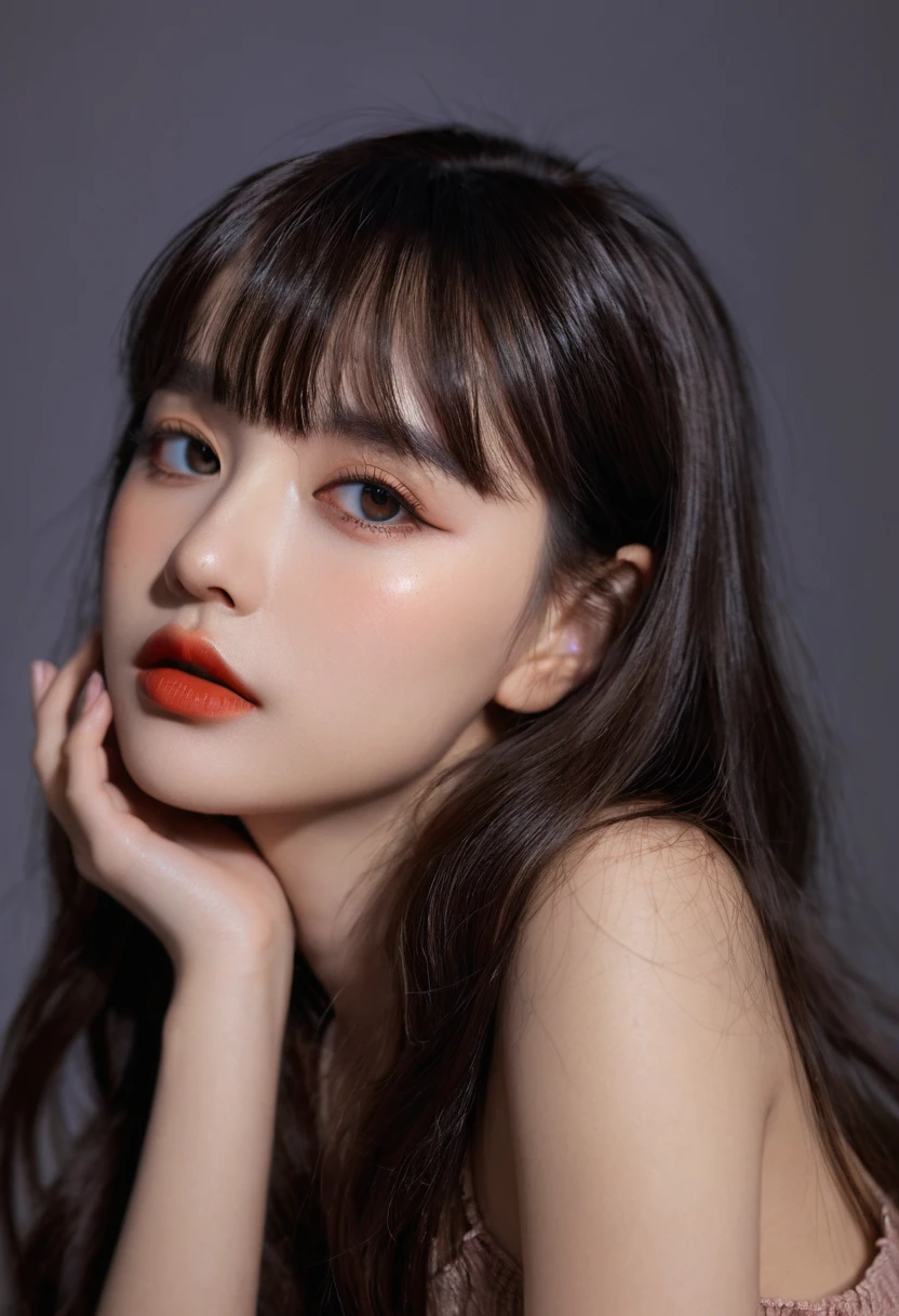 8K, best quality, 1 Girl, (Skin Indentation), night, (dark), Indoor clear background, (people), Beautiful bangs, Gorgeous,, (Clothing and:1.3),Soft lighting, attractive, dark Room, (mouth close:1.2, beautiful eyes, Delicate eyes, Detailed iris, Beautiful lips, Beautiful nose, Pretty Face),(primary color:1.5)