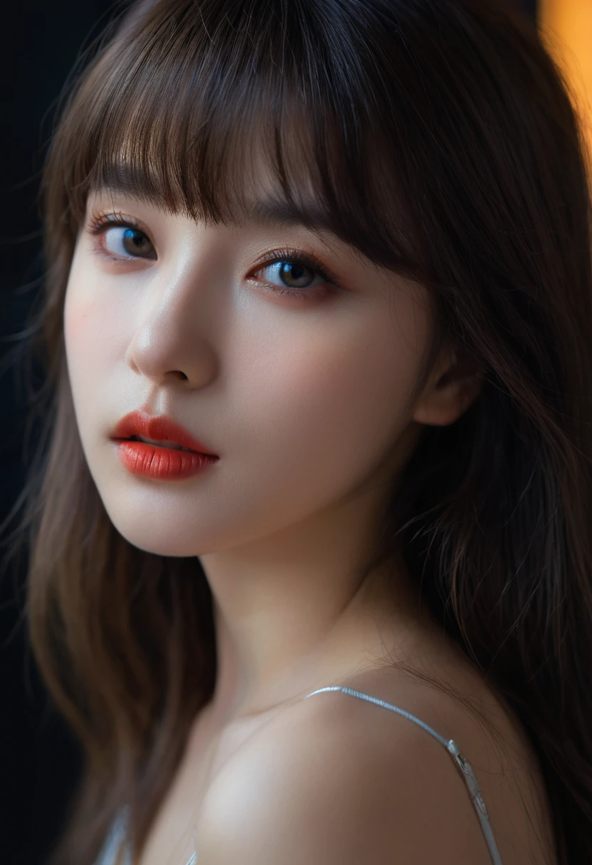 8K, best quality, 1 Girl, (Skin Indentation), night, (dark), Indoor clear background, (people), Beautiful bangs, Gorgeous,, (Clothing and:1.3),Soft lighting, attractive, dark Room, (mouth close:1.2, beautiful eyes, Delicate eyes, Detailed iris, Beautiful lips, Beautiful nose, Pretty Face),(primary color:1.5)
