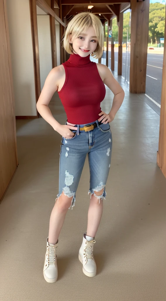 8k, Ultra-high resolution, Highest quality, Tabletop、Ultra-high resolution、Highest quality、 (Quite large breasts、Quite large breasts、stand with your legs quite wide to the sides,:1.3)(Red Sleeveless Turtleneck、Blue Denim、Beautiful Japanese Woman、(Short blonde bob)So cute、Cute Smile:1.25)(on the road)Combat Boots