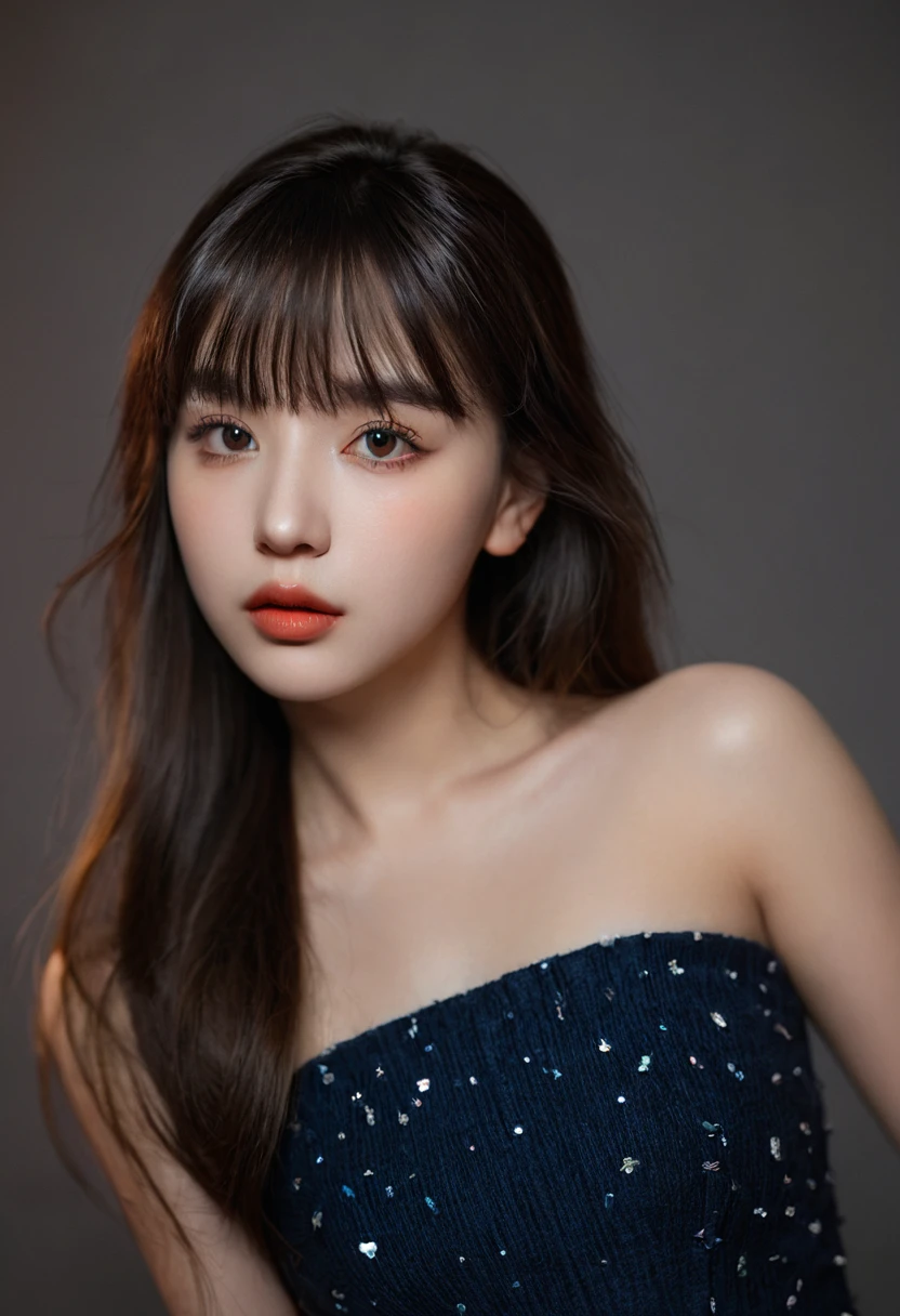 8K, best quality, 1 Girl, (Skin Indentation), night, (dark), Indoor clear background, (people), Beautiful bangs, Gorgeous,, (Clothing and:1.3),Soft lighting, attractive, dark Room, (mouth close:1.2, beautiful eyes, Delicate eyes, Detailed iris, Beautiful lips, Beautiful nose, Pretty Face),(primary color:1.5)
