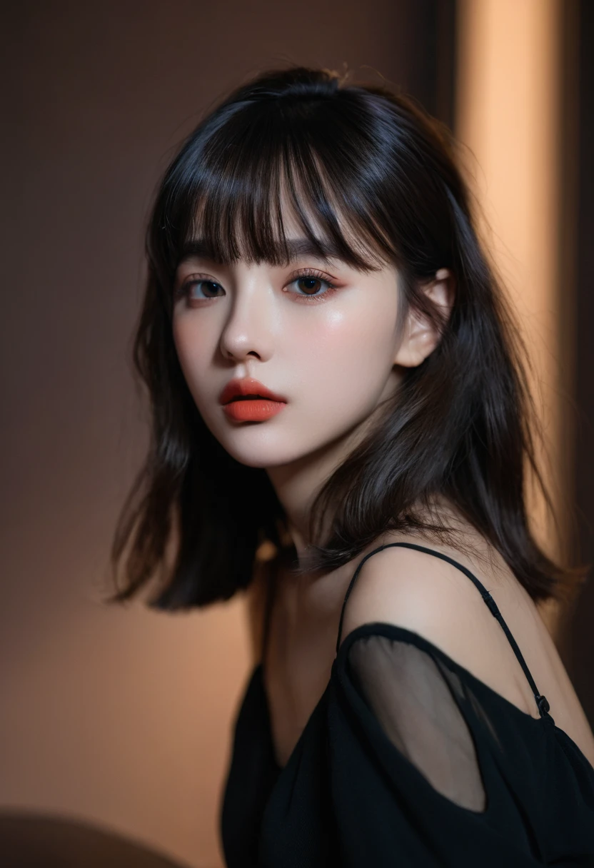 8K, best quality, 1 Girl, (Skin Indentation), night, (dark), Indoor clear background, (people), Beautiful bangs, Gorgeous,, (Clothing and:1.3),Soft lighting, attractive, dark Room, (mouth close:1.2, beautiful eyes, Delicate eyes, Detailed iris, Beautiful lips, Beautiful nose, Pretty Face),(primary color:1.5)