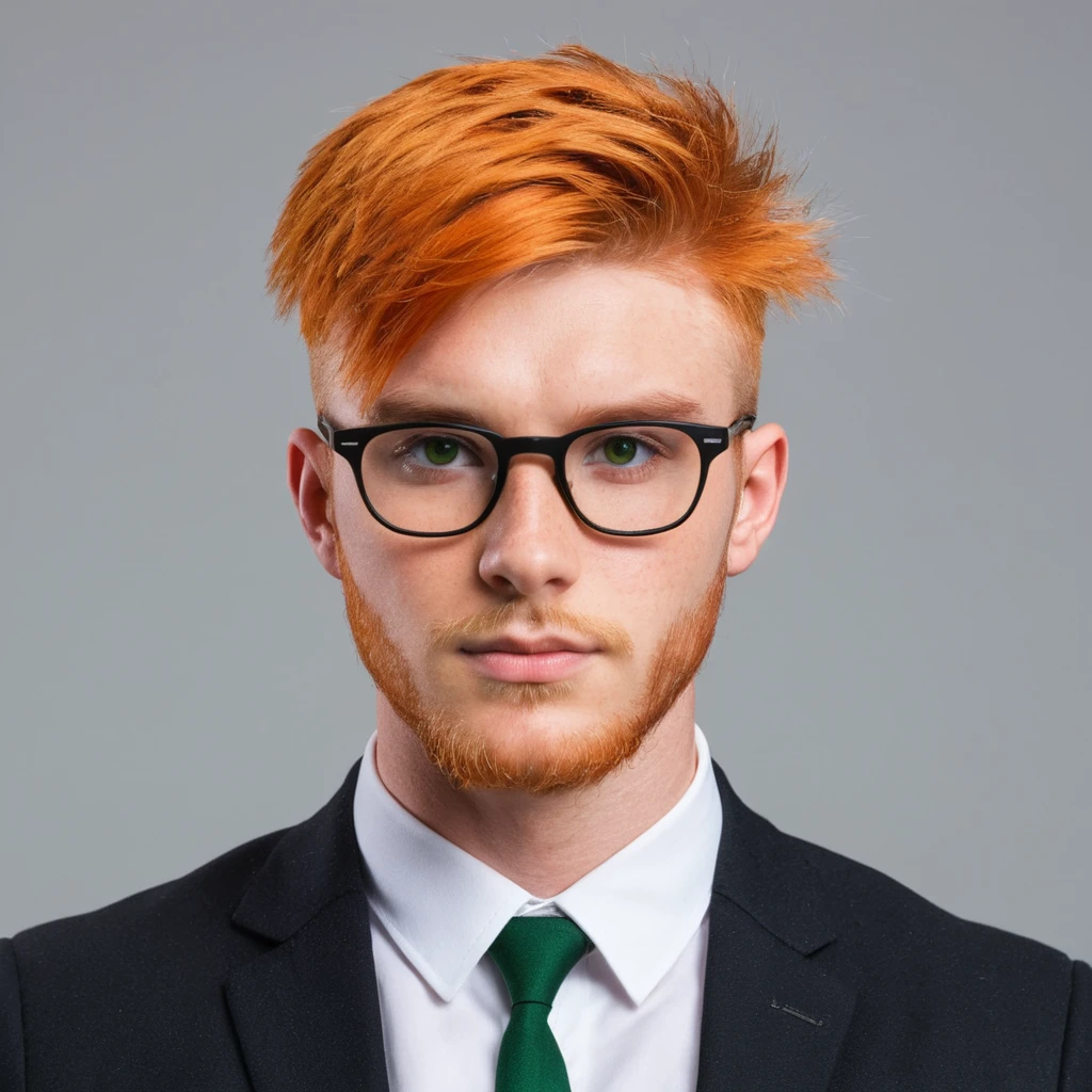 Handsome Scottish guy, orange hair, green eyes, short hair with beard, buzzcut hair,  23 years old student, eye patch, eyeglasses, businessman 