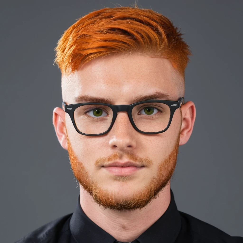 Handsome Scottish guy, orange hair, green eyes, short hair with beard, buzzcut hair, 23 years old student, eye patch, eyeglasses, businessman