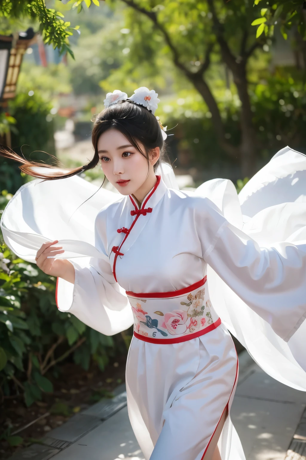 Chinese style running white ancient costume beauty with ribbons and falling flowers hanging horse bun and jade hairpin, detailed carving of the face