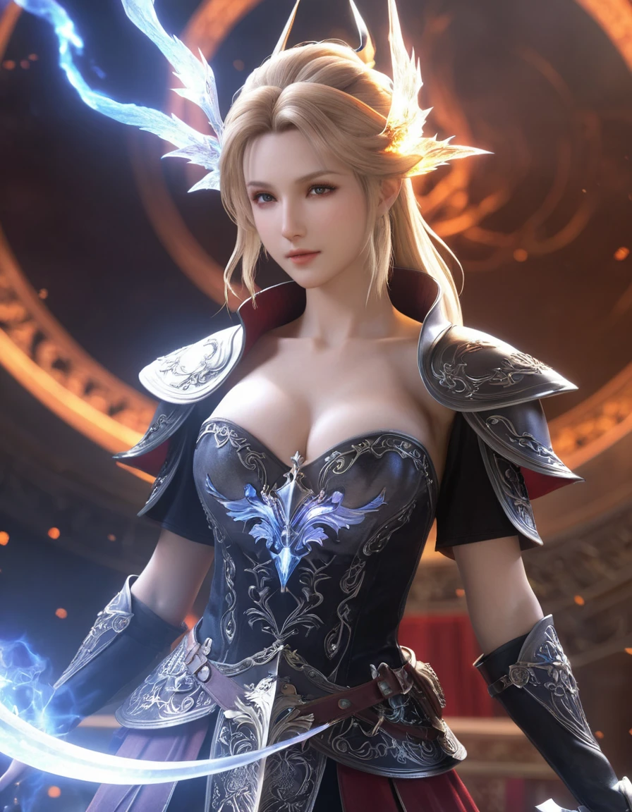 (8k, Highest quality, masterpiece, Final Fantasy Style: 1.2), (Realistic, photoRealistic: 1.37), Very detailed, One Girl, {Light-bearing Black Mage}, Wide viewing angles, Large, firm, swaying bust、Big Breasts：1.8, Very delicate depiction, Miniature Painting, Facial detailing, Detailed depiction of hair, Accurate skeleton, Intricately patterned dress, Complex Armor, Long and thick sword,dream-like,Ultra-realistic mixed fantasy world,Realisticな要素と幻想的な要素の融合,Magical Effects,(地面にmagic circle, Casting a Spell, Swirling Magic, Particles of light),Dynamic Light,red,fire, red fire eyes,elegant,Rays of Sin,dark,(dark magic), (strict), The battle between good and evil, (Swirling Flames:1),universe, lightning, 噴fire, magic circle, Complex patterns, Phoenix, Shiva, Giant, Leviathan, (Giant Mother Crystal:1.2)