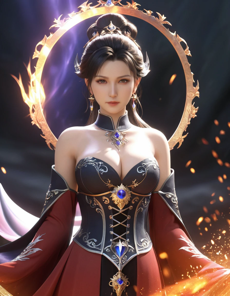 (8k, Highest quality, masterpiece, Final Fantasy Style: 1.2), (Realistic, photoRealistic: 1.37), Very detailed, One Girl, {Light-bearing Black Mage}, Wide viewing angles, Large, firm, swaying bust、Big Breasts：1.8, Very delicate depiction, Miniature Painting, Facial detailing, Detailed depiction of hair, Accurate skeleton, Intricately patterned dress, Complex Armor, Long and thick sword,dream-like,Ultra-realistic mixed fantasy world,Realisticな要素と幻想的な要素の融合,Magical Effects,(地面にmagic circle, Casting a Spell, Swirling Magic, Particles of light),Dynamic Light,red,fire, red fire eyes,elegant,Rays of Sin,dark,(dark magic), (strict), The battle between good and evil, (Swirling Flames:1),universe, lightning, 噴fire, magic circle, Complex patterns, Phoenix, Shiva, Giant, Leviathan, (Giant Mother Crystal:1.2)