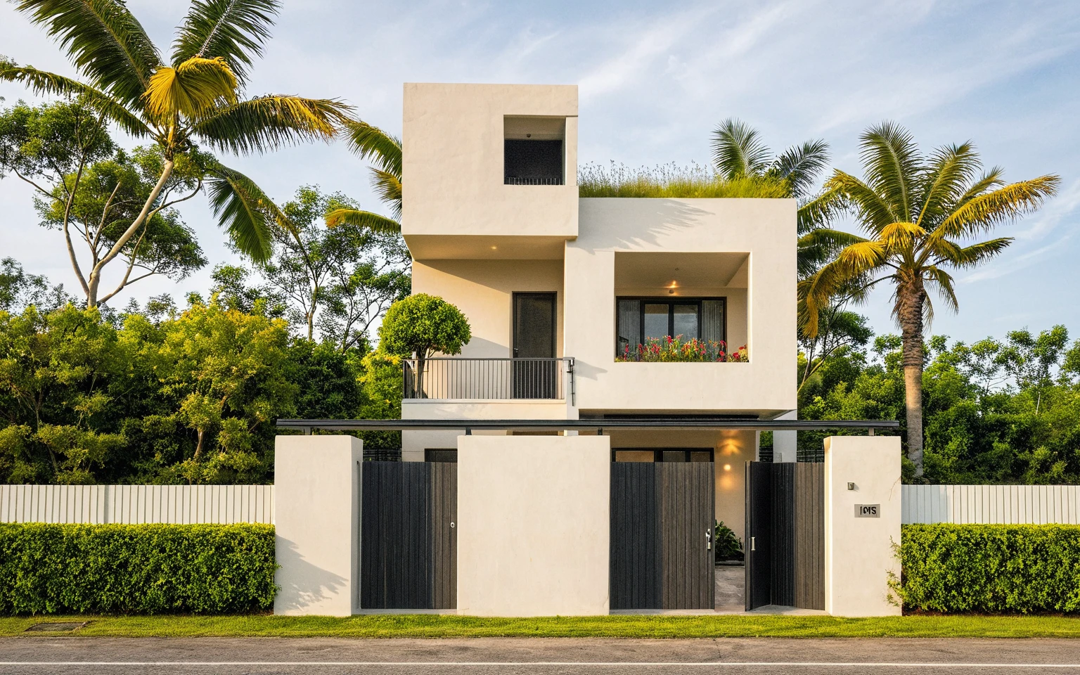 head of'artwork, High quality, best quality, authentique, Great detail, En plein air, villa de plain-piedXL, groupe aiai, style de maison moderne dans la rue ,stairs, white wall ,road,pavement, grass, trees, sky, nuvens, (day light:1.1)
