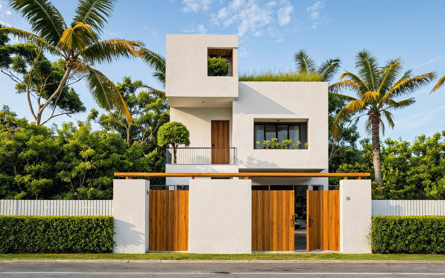 head of'artwork, High quality, best quality, authentique, Great detail, En plein air, villa de plain-piedXL, groupe aiai, style de maison moderne dans la rue ,stairs, white wall ,road,pavement, grass, trees, sky, nuvens, (day light:1.1)