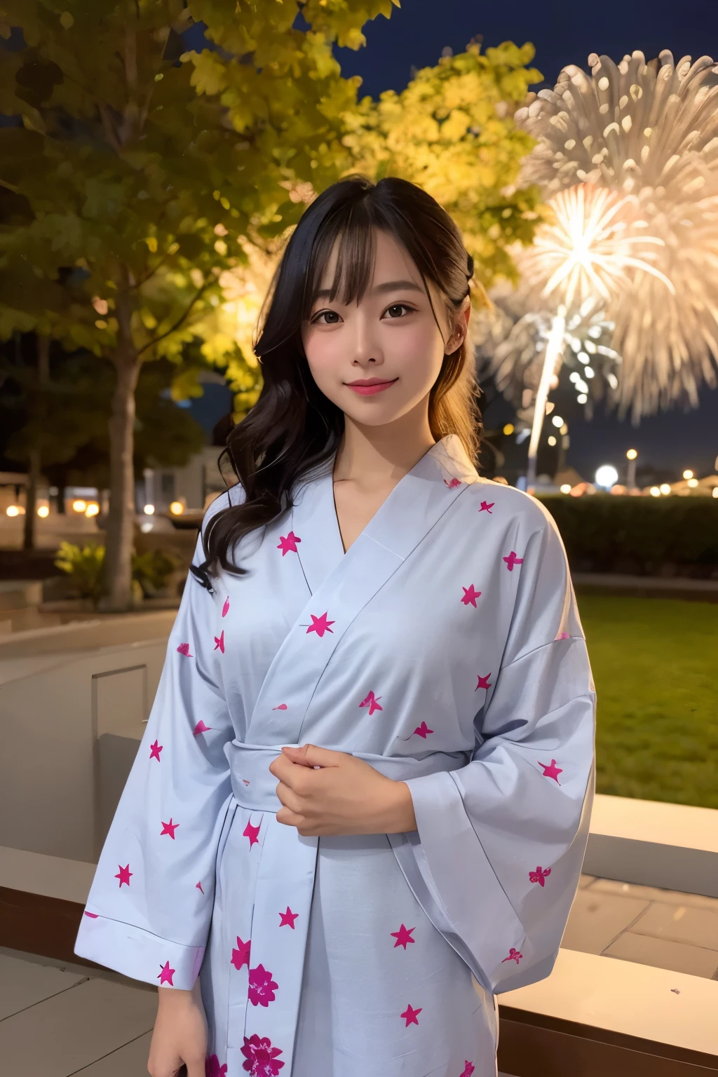 ((Highest quality)), ((masterpiece)), (detailed), One girl、Yukata with fireworks pattern、glamorous