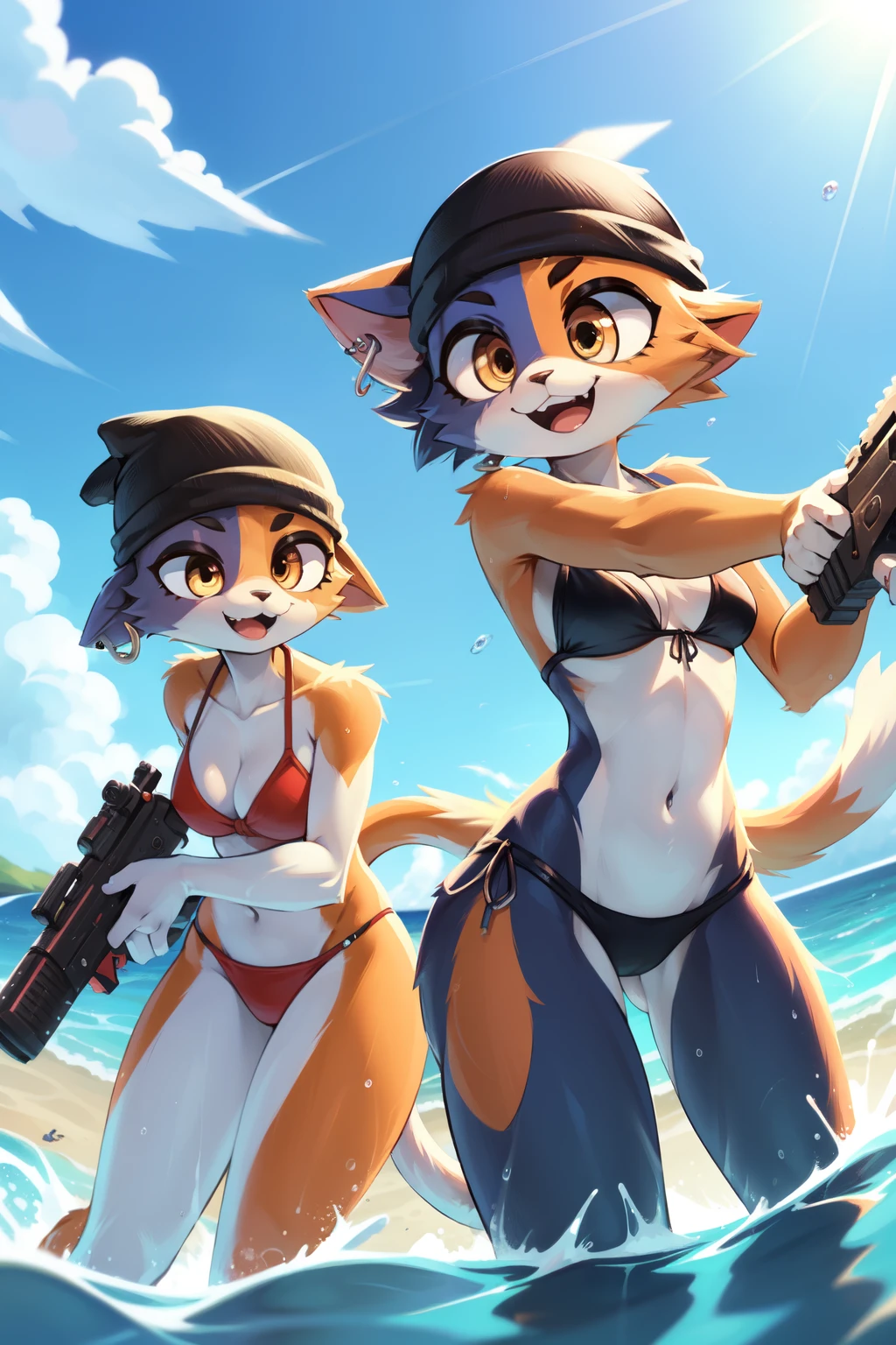 score_9,score_8_up,score_7_up, source_cartoon, source_furry, (best quality, masterpiece:1), solo, (shaded face:1.2), furry female anthro, meowskulls, spiky hairstyle, tail, smile, looking at you, :3, wide-eyed, beanie, bikini, fish hook piercing, detailed beach, clear sky, detailed face, detailed body fur, detailed eyes, skinny, glistering body, shiny body, holding a water gun, from above, fight, dynamic action shot, speed lines, motion blur, fighter pose, uperbody, ((shooting a water act, shoot water, water gun)), uperbody, open mouth, ((two girls, 2 girls, girl with girl))