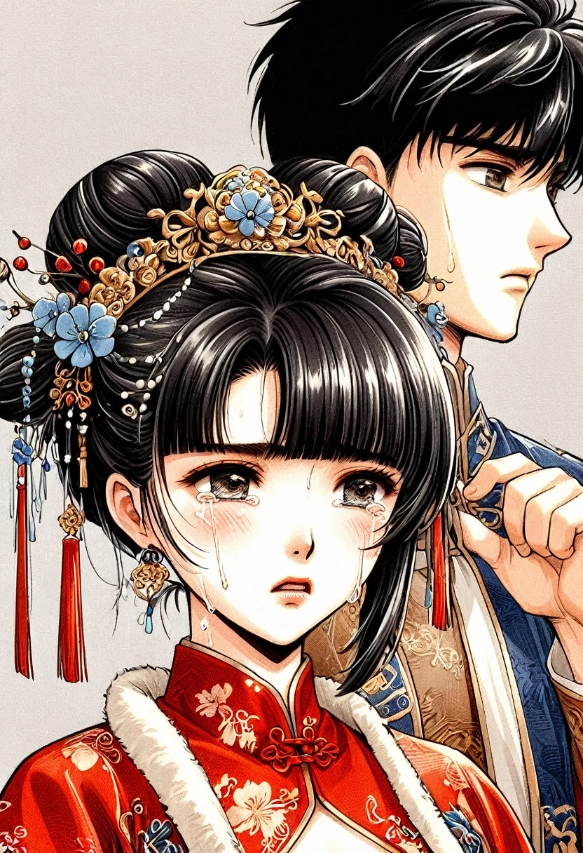 Period drama manga style A 15-year-old super beautiful Chinese girl with black hair in a bun cut(1 person) She is wearing a royal long-sleeved Chinese dress She cries after the man forcibly tears off her clothes and rapes her violently.