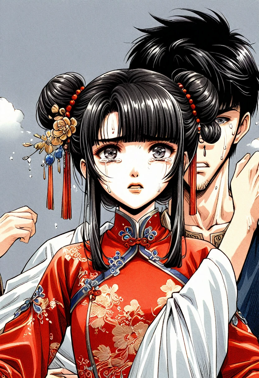 Period drama manga style A 15-year-old super beautiful Chinese girl with black hair in a bun cut(1 person) She is wearing a royal long-sleeved Chinese dress She cries after the man forcibly tears off her clothes and rapes her violently.