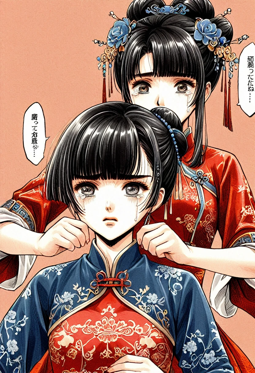 Period drama manga style A 15-year-old super beautiful Chinese girl with black hair in a bun cut(1 person) She is wearing a royal long-sleeved Chinese dress She cries after the man forcibly tears off her clothes and rapes her violently.