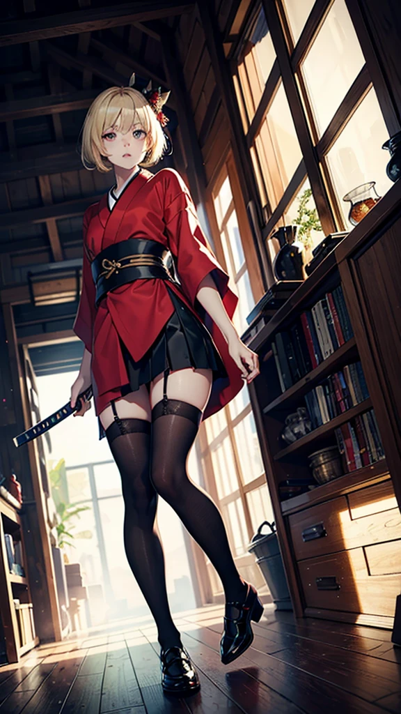 young woman, blonde, in a red kimono, belted katana, stockings, short skirt, black shoes, eyes of different colors, in light armor, drawing style