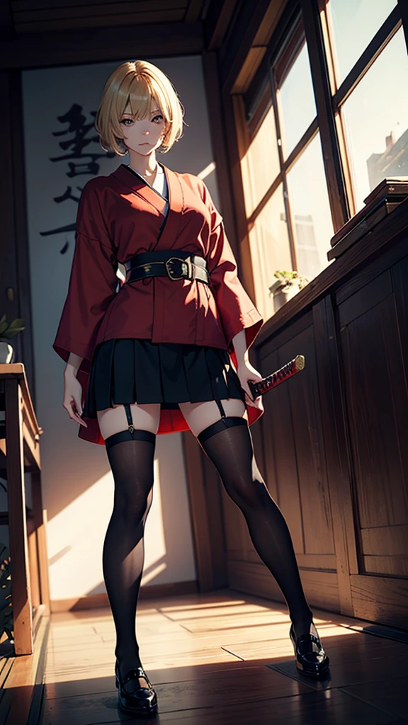 young woman, blonde, in a red kimono, belted katana, stockings, short skirt, black shoes, eyes of different colors, in light armor, drawing style