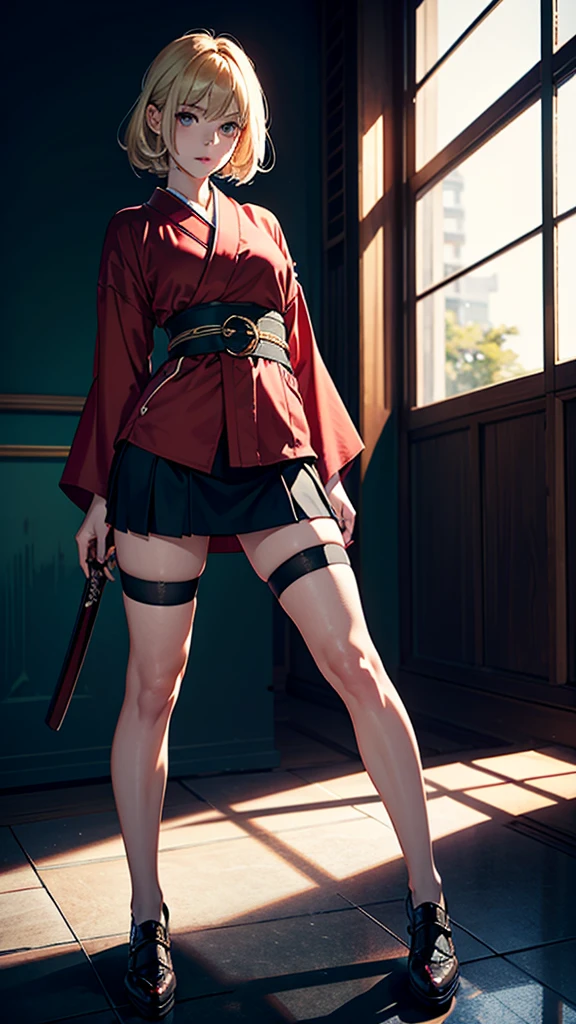 young woman, blonde, in a red kimono, belted katana, stockings, short skirt, black shoes, eyes of different colors, in light armor, drawing style